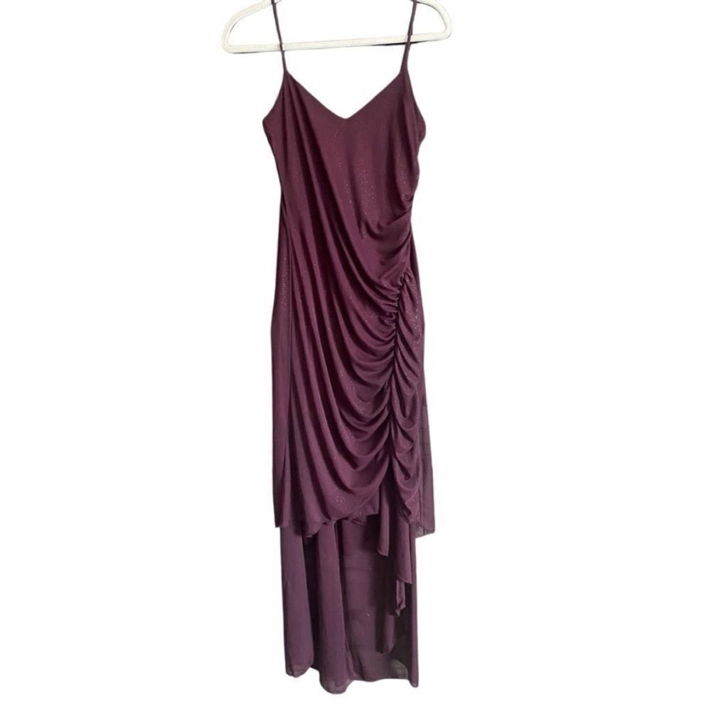 VINTAGE Burgundy Sparkle Tiered High Low Hem Prom Dress with Ruched Side. Medium